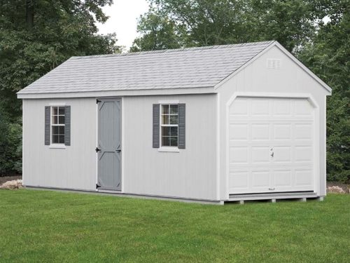grey 7 cape amish built garage in backyard