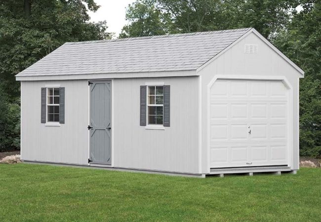 grey 7 cape amish built garage in backyard