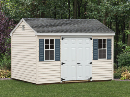 beige cottage shed with double doors