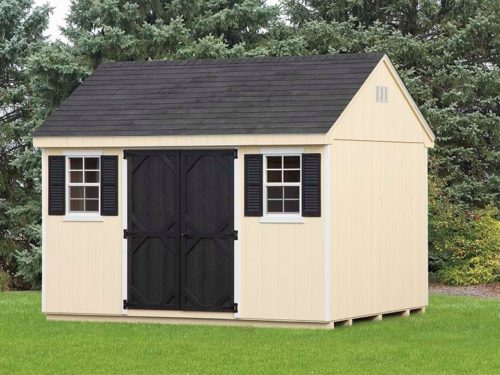 tan cape shed with black doors