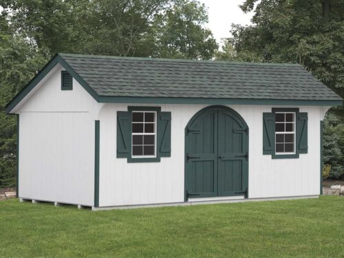 classic quaker shed sitting in front of trees in backyard