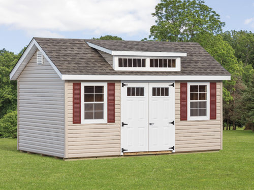 classic studio dormer shed with white doors