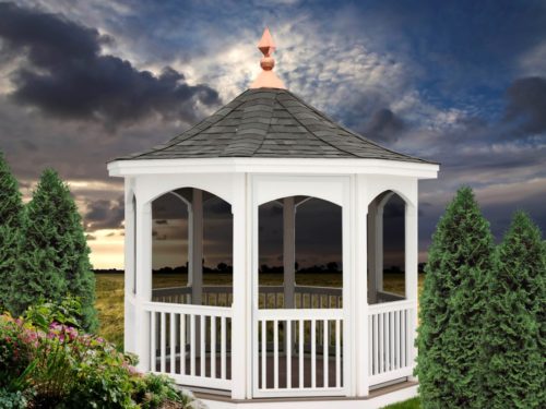 vinyl gazebo surrounded by shrubberies