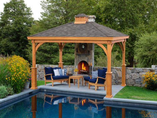 backyard wood pavilion next to swimming pool