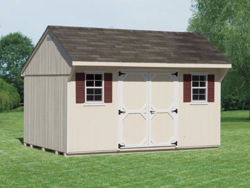 tan quaker shed with asphalt shingles