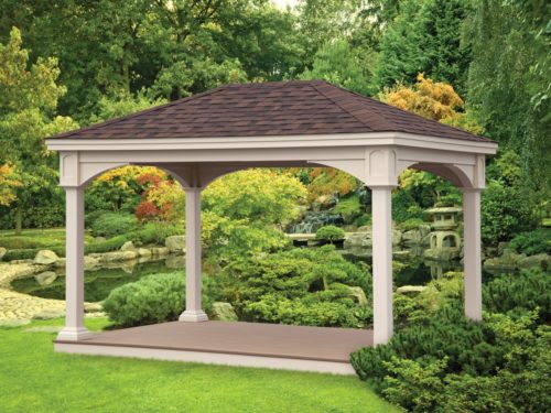 backyard vinyl pavilion sitting beside pond