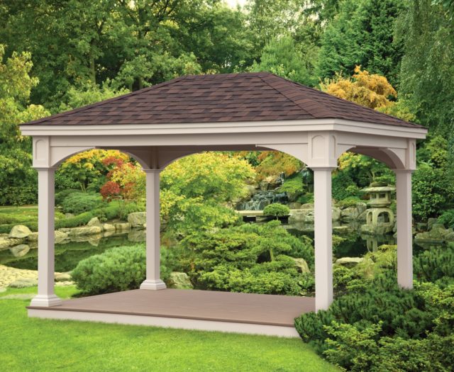 backyard vinyl pavilion sitting beside pond