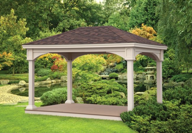 backyard vinyl pavilion sitting beside pond