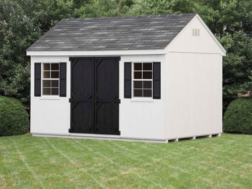 white cape shed with black doors