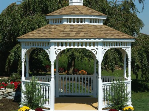 white wood gazebo in backyard