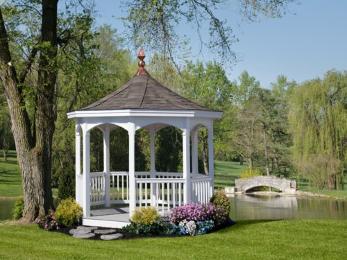 vinyl gazebo overlooking pond