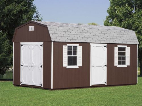 brown dutch barn shed with white double doors