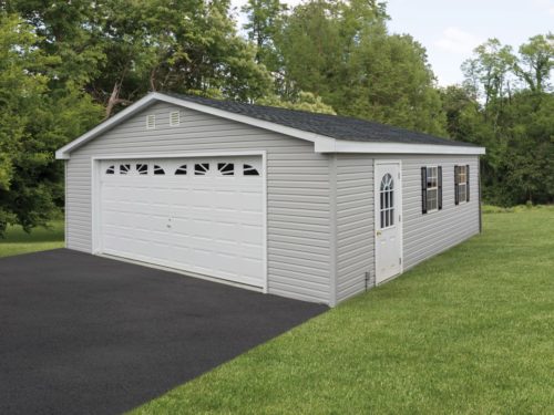 grey two car garage with large white door