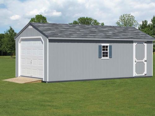 green 7 foot cottage garage with white door