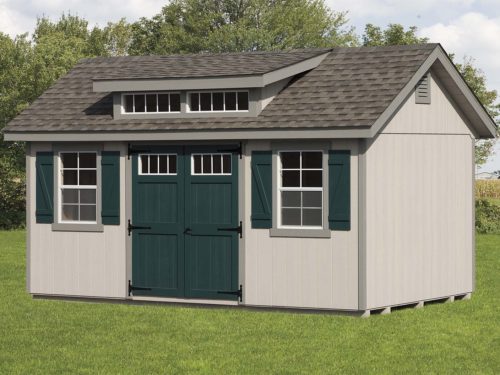 classic studio dormer shed with green doors