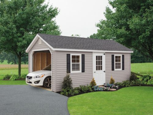 khaki classic cottage garage with white car inside