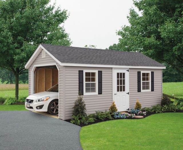 khaki classic cottage garage with white car inside