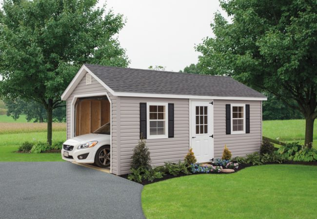 khaki classic cottage garage with white car inside