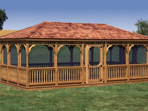 large amish built wood gazebo sitting on grass