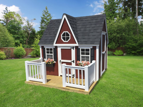 maroon victorian playhouse with vinyl handrails and pickets