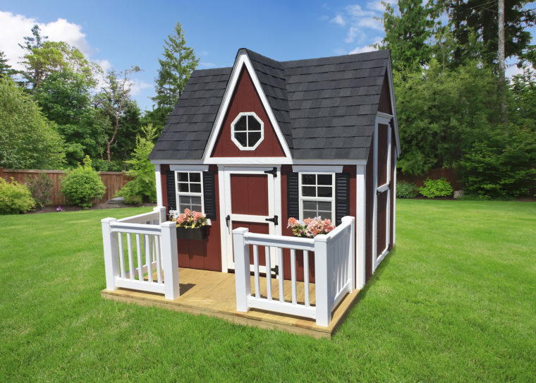 maroon victorian playhouse with vinyl handrails and pickets