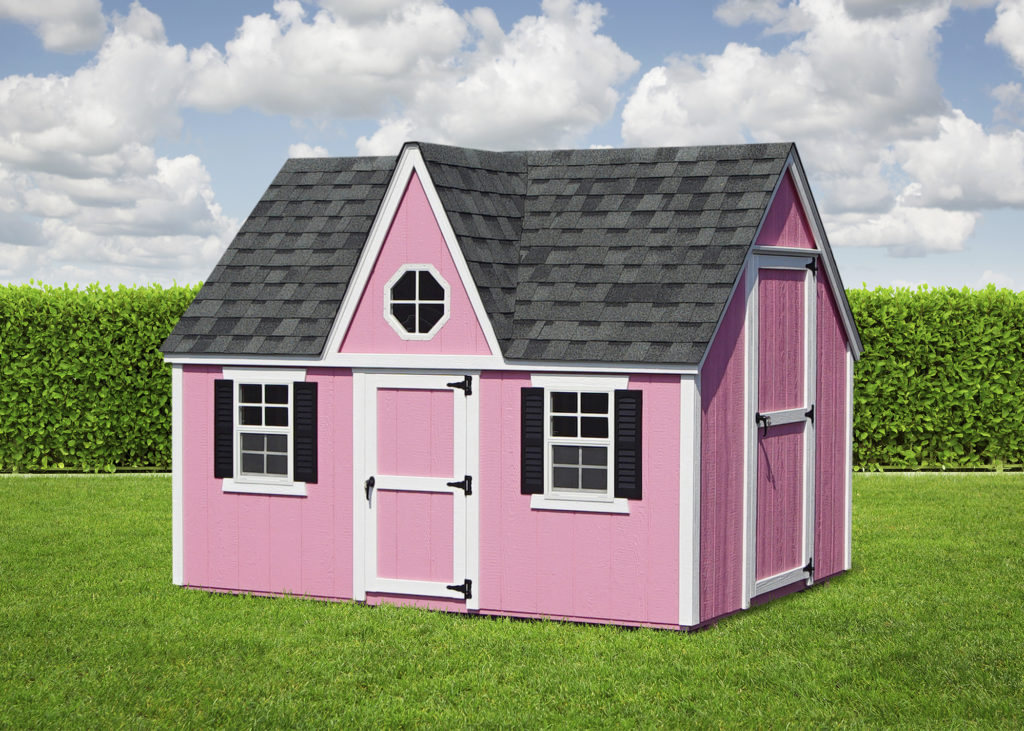 pink victorian playhouse with asphalt shingle roof