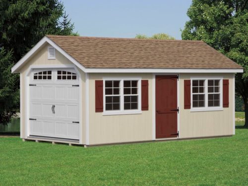 amish built classic cottage garage with maroon front door and white garage door