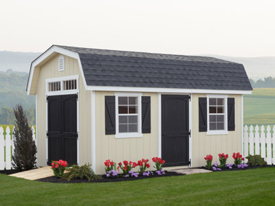 outdoor storage shed surrounded by flowers